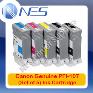Canon Genuine PFI-107 MBK/BK/C/M/Y (Set of 5) Ink Cartridge for IPF670/IPF680/IPF685/IPF770/IPF780/IPF785